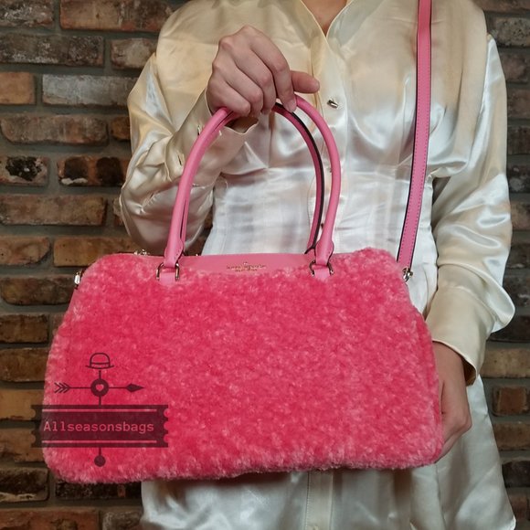 Kate Spade MIMI Medium Faux Fur Pomegranate Smooth Leather Satchel Hand Bag PINK - Picture 8 of 10
